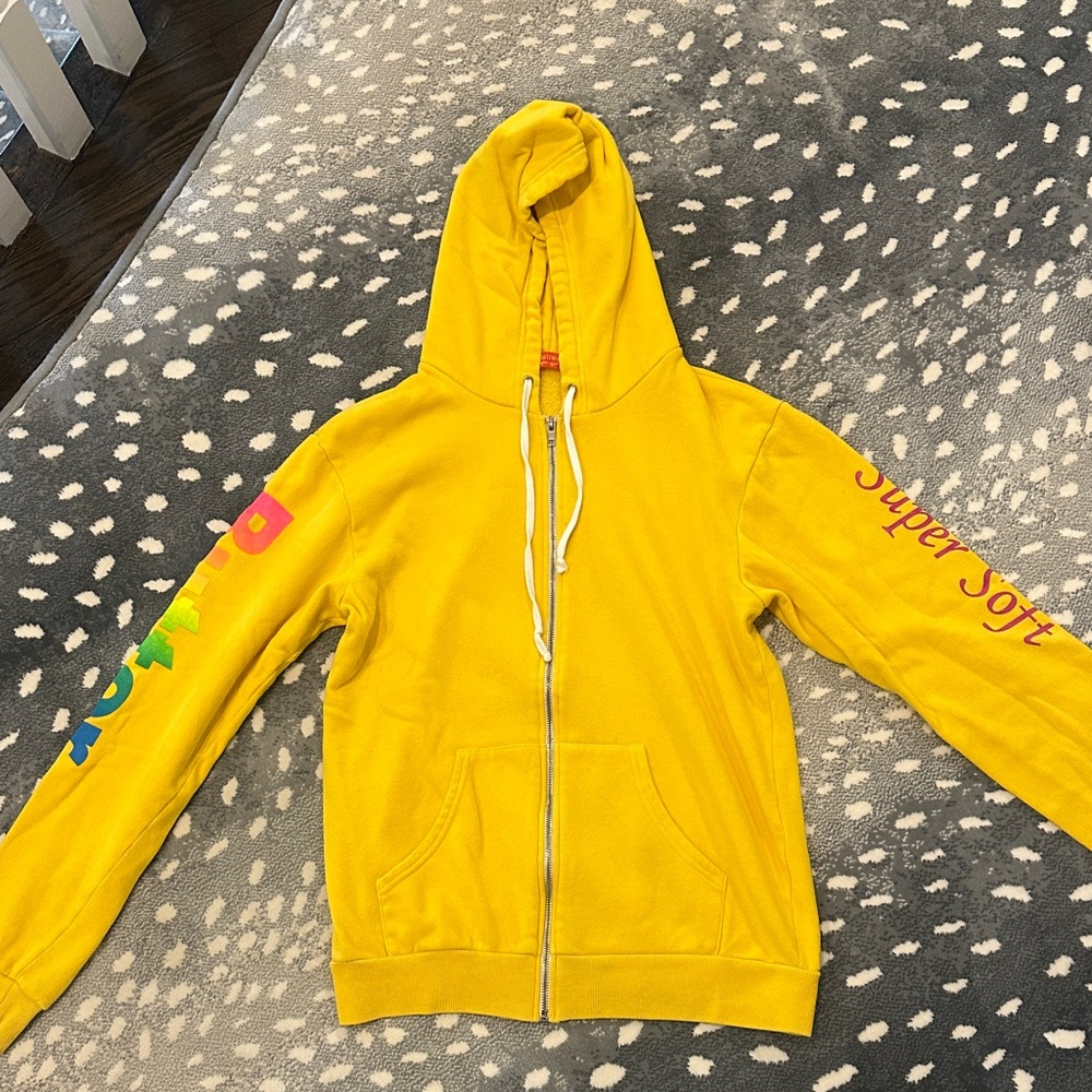 Butter Kids Bright Yellow Zip-Up Hoodie with Colorful Sleeve Lettering